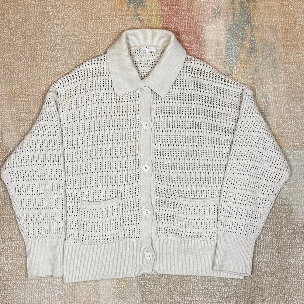 A.L.C. Women's Knit Cardigan Sweater Collared Button Down Cream Cotton Blend L